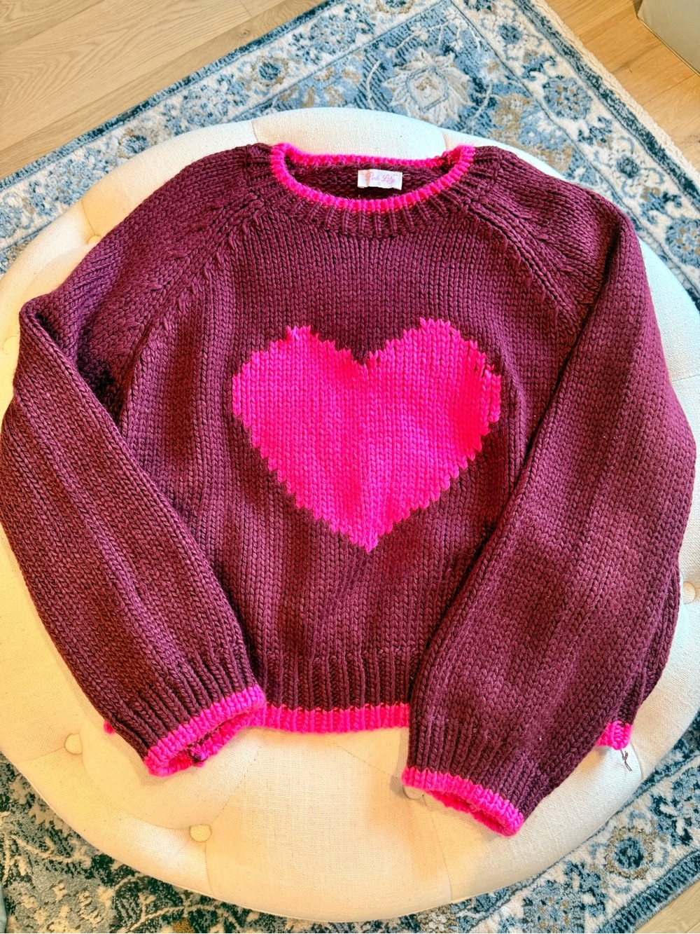 Pink Lily Burgundy Hot Pink Heart Chunky Knit Sweater 🩷